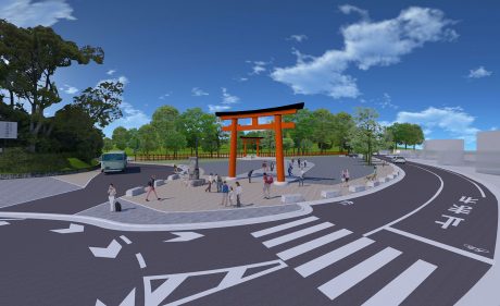 宮前広場整備イメージ図: 手前に見えるのが新設する「大鳥居」その奥に見えるのが「一の鳥居」