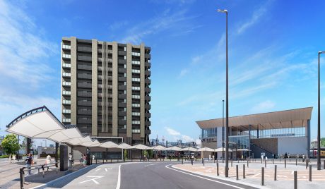 岩国駅東のイメージパース (左の建物が本事業、右が2017年に完成したJR岩国駅)