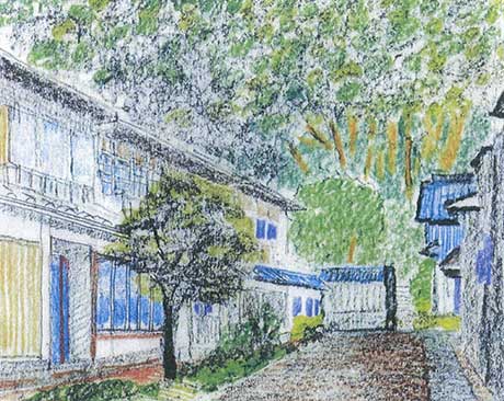 霜田稔画・アトリエ・アルパック:吉田山麓の露地長屋アルパック創業1987年2月節分の日 縦横の回転窓とグリーンのマット、白のヘシアンクロスに木 造のマスタープラン台、Think Grobal & Act Local