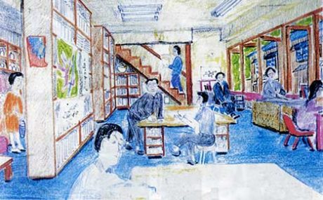 霜田稔画・アトリエ・アルパック:1968年頃のARPAK吉田山麓長屋改造アトリエ風景復元想定三輪、三輪夫人、糸乘、浅田、倉本、桑島、霜田など
