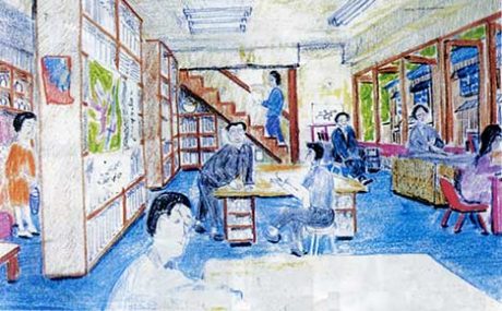 霜田稔画・アトリエ・アルパック：1968年頃のARPAK吉田山麓長屋改造アトリエ風景復元想定三輪、三輪夫人、糸乘、浅田、倉本、桑島、霜田など