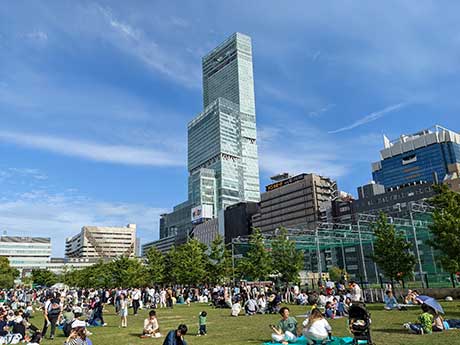 芝生広場の奥に見える圧倒的な高さのあべのハルカス